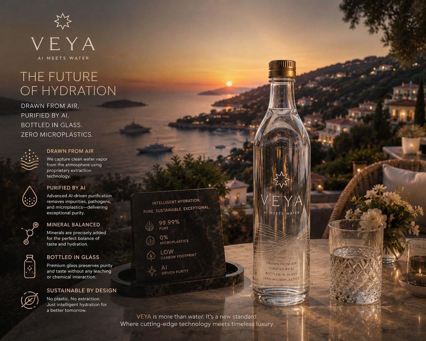 VEYA on a Riviera terrace at sunset — drawn from air, purified by AI, bottled in glass, zero microplastics