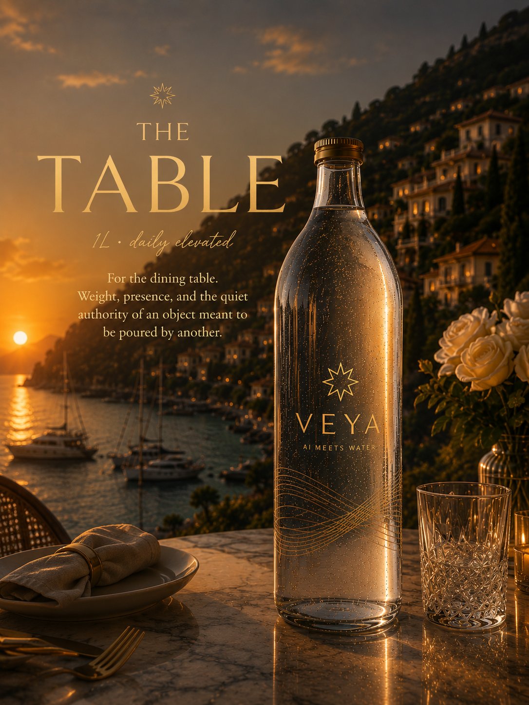 VEYA Reserve — 1L. For the dining table. Weight, presence, and the quiet authority of an object meant to be poured by another.
