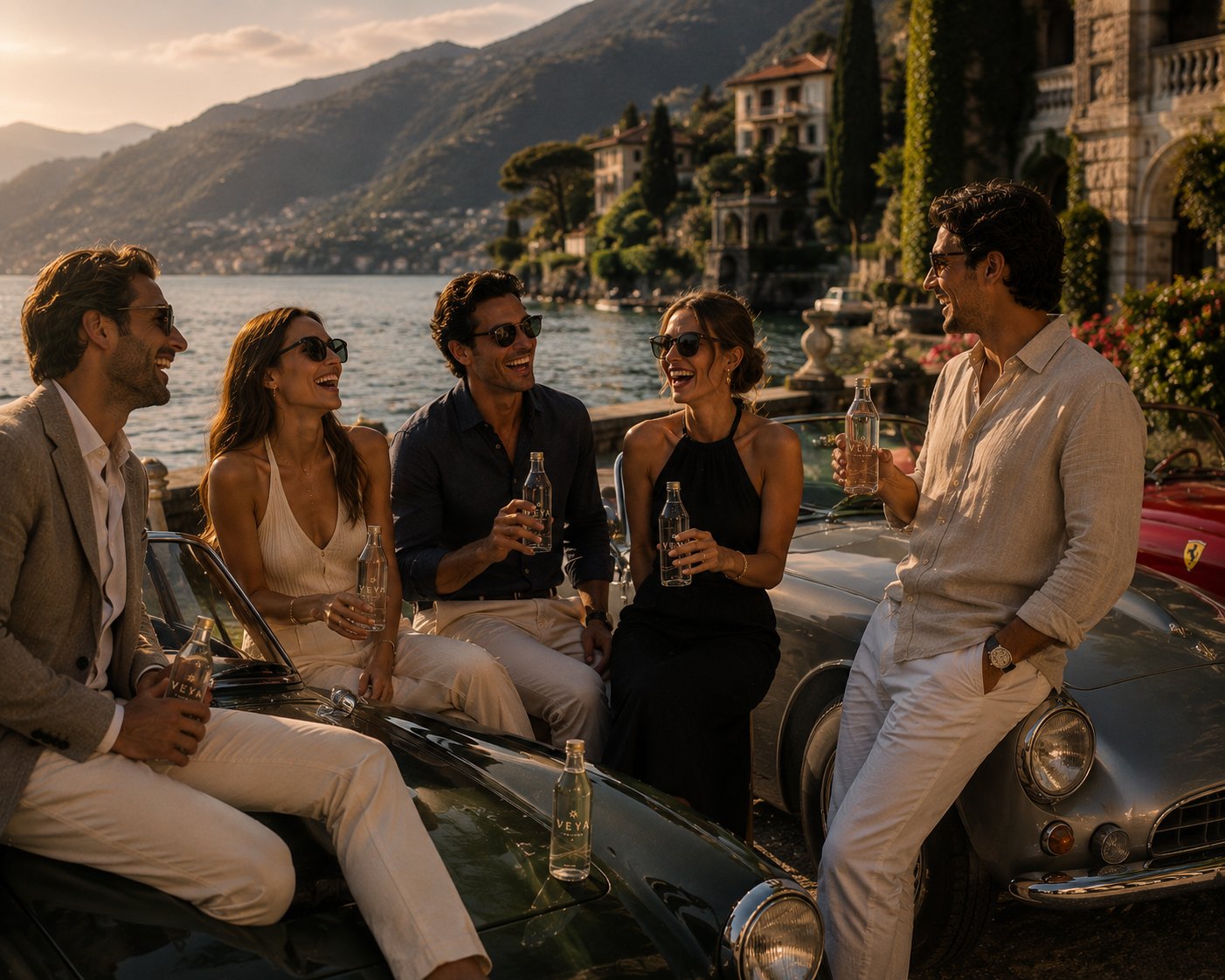 VEYA at Lake Como with vintage cars at sunset
