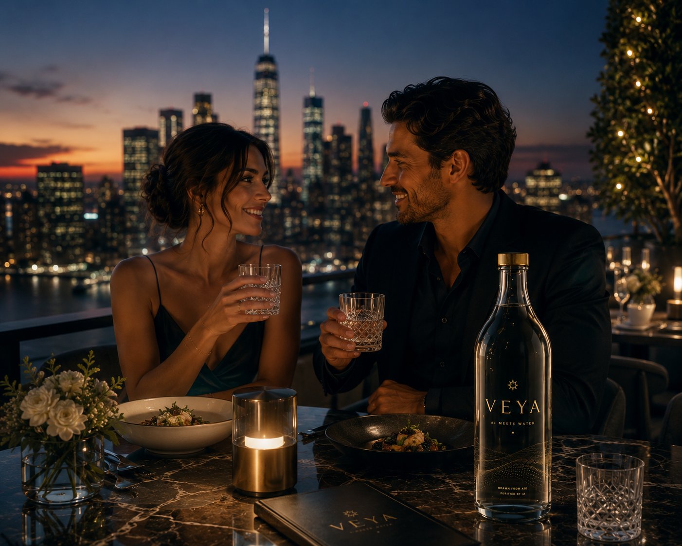 VEYA at a Manhattan rooftop dinner with skyline view
